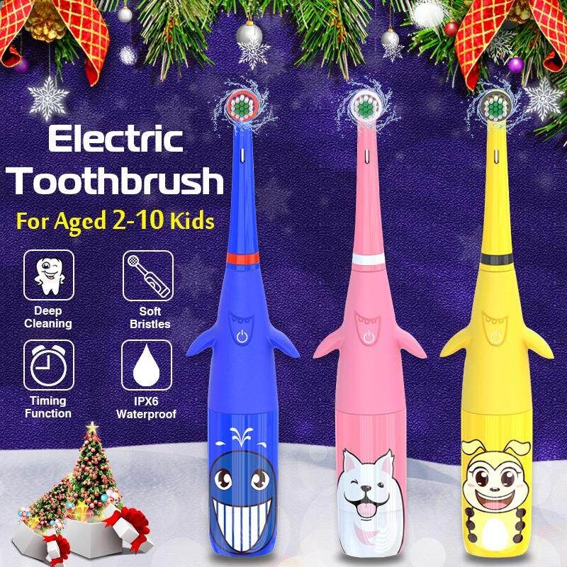 3D Cute Kids Electric Toothbrush Rotary Timing Comfortable Brushing + 2 Replacement Heads IPX6 Waterproof For 2-10 Years Old Pink