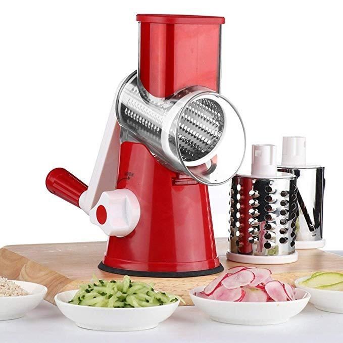 (Red)Multifunctional Hand Vegetable Cutter Potato Cheese Kitchen Tool Slicer Household Shredder Meat Grinder Rotary Grater JIN