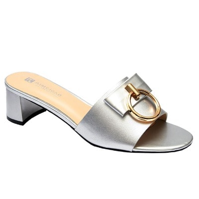 Molly Leather Slipper With Gold Buckle Detail - Silver