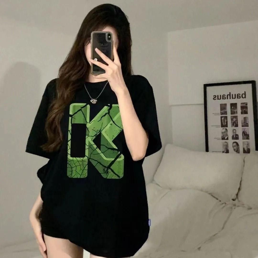 Korean Style Fashionable Salt Printed Black and White Short-Sleeved T-shirt for Women 2023 Summer Loose Slimming Chic Niche Top