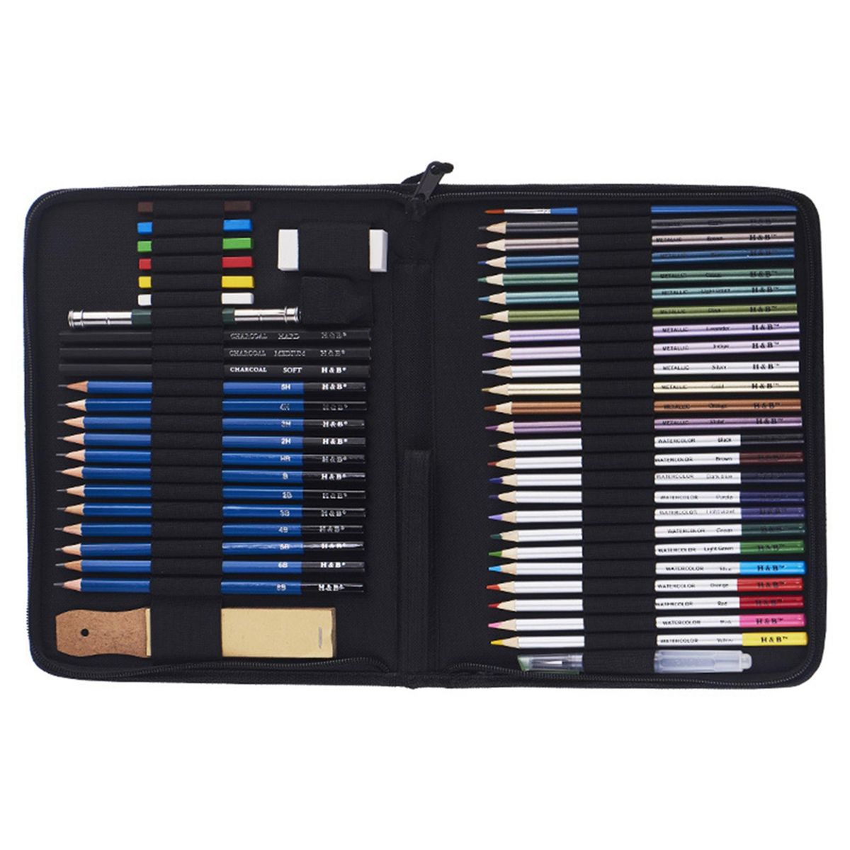 H&B 51pcs/set Professional Drawing Kit Wood Pencil Sketching Pencils Art Sketch Painting Supplies with Carrying Bag