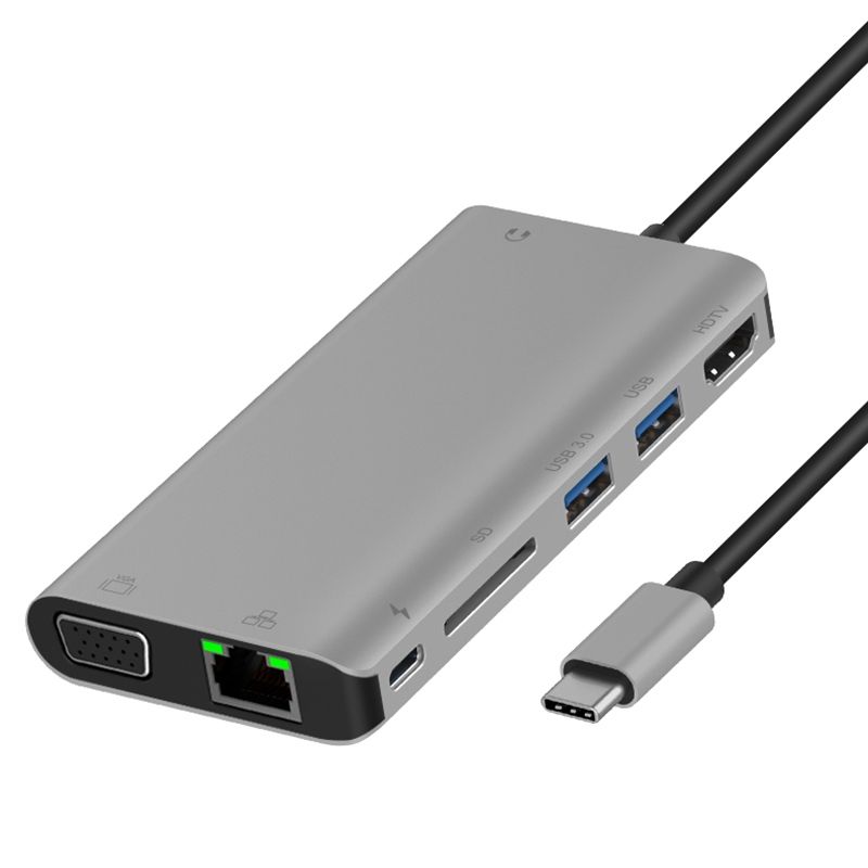 Onten 9591BD 8 In 1 USB-C / Type-C To PD USB-C / Type-C Charging + Gigabit Ethernet + Dual USB 3.0 + HDMI + VGA + SD Card Slot + 3.5mm AUX HUB(Grey)