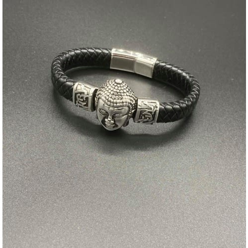 Leather Men's Bracelet Steel  - Black