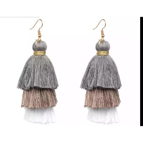 3 Layers Vintage Retro Tassel Earrings - Grey & White
