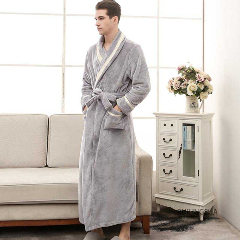 (Gray Men B)Lovers Robe Women Winter Flannel Bathrobe Thicken Warm Kimono Bath Gown Sleepwar Night