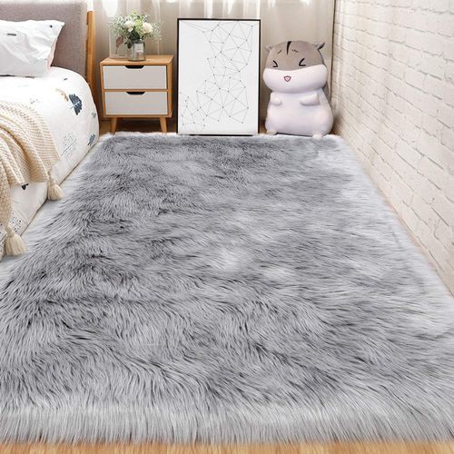 Grey Fluffy Shaggy Faux Sheepskin Fur Center Rugs