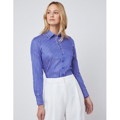 Women's Stripe Semi-fitted Shirt - Single Cuff - Navy & White