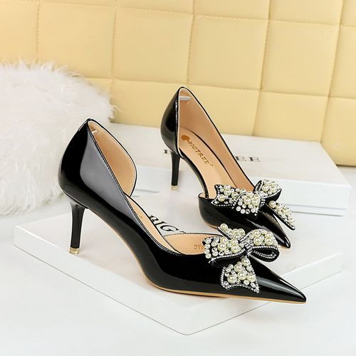Patent Leather Pearl Rhinestone Bow Women Pumps Super High Heels Black