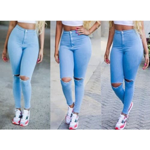 Hi-Waist Skinny Sky Blue Ripped Jean