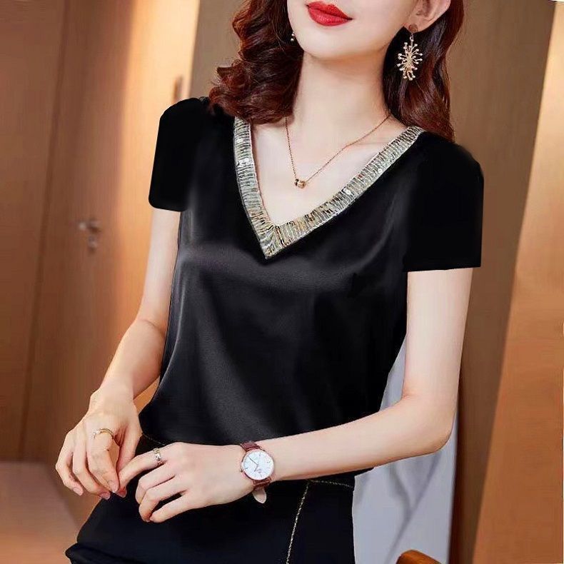Elegant  Ladies Gold V-neck Design Short Sleeve Satin SilkTop Blouse- Black