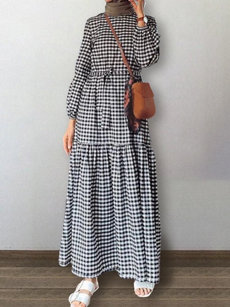 Women Gingham Waist Tie Robe Casaul Kaftan Maxi Dresses With Pocket