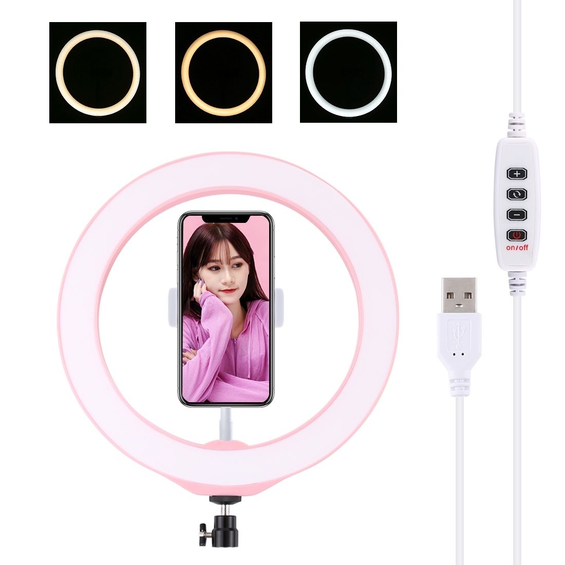 3 Modes Dimmable LED Ring Vlogging Selfie Photography Video Lights With Tripod & Phone Clamp(Pink)