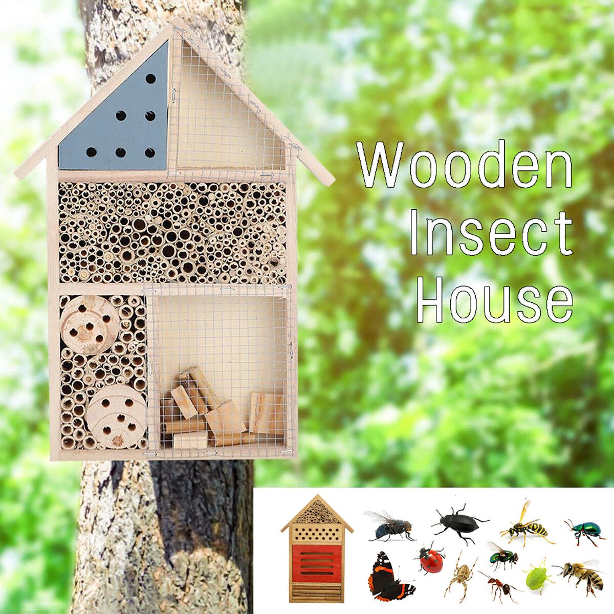 2 Types Wooden Insect Bee House Wooden Bug Room Hotel Shelter Garden Outdoor Nest Box Decorations Type-A