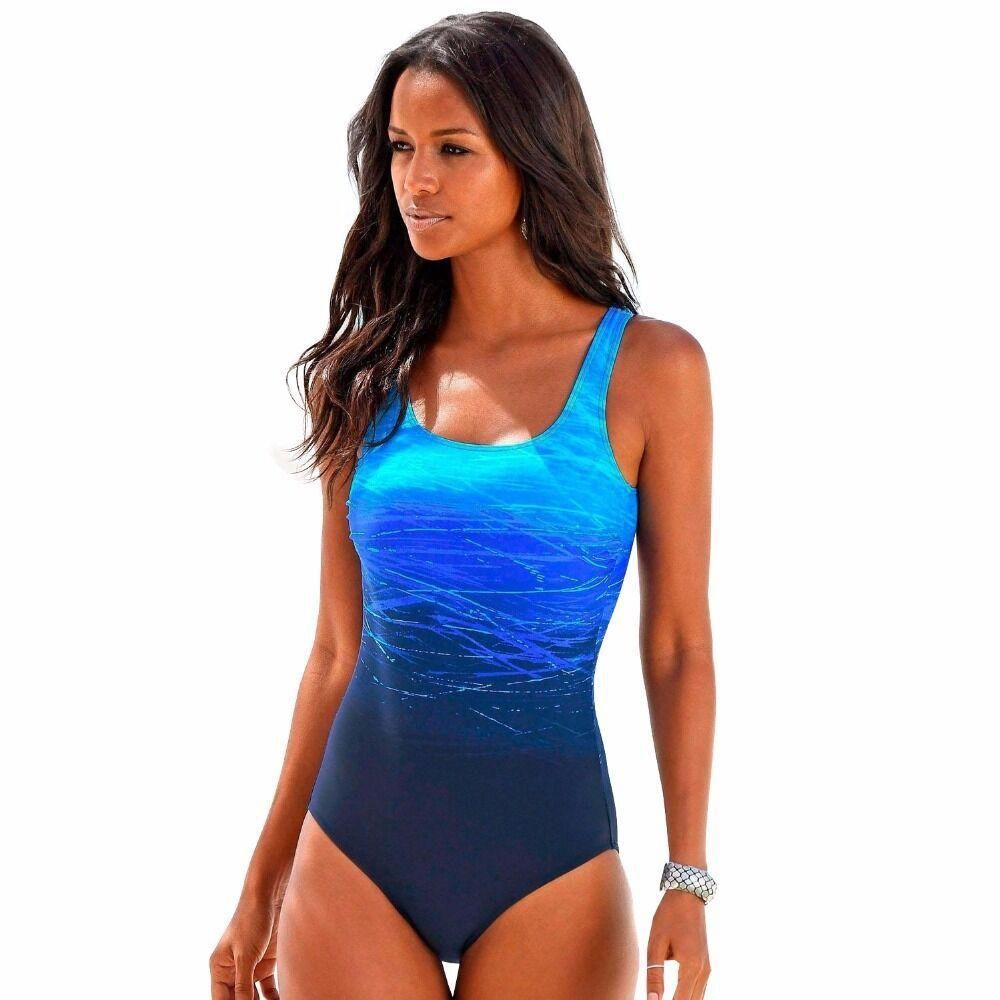 Cross-border 2019 new ladies sexy backless one-piece swimsuit Europe and the United States plus fertilizer increase gradient printing swimsuit blue XXL