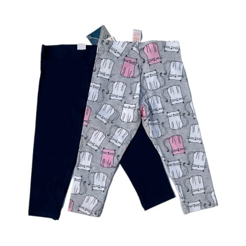 Girls Kittie Prints & Plain Design Leggings - 2Pcs