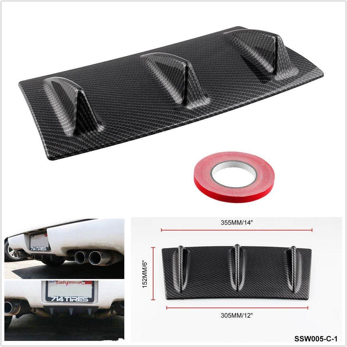 14"X6" Car Rear Bumper Lip Chassis Diffuser Spoiler 3 Fin Shark Fin Style Gloss Deflector + Double-sided Tape