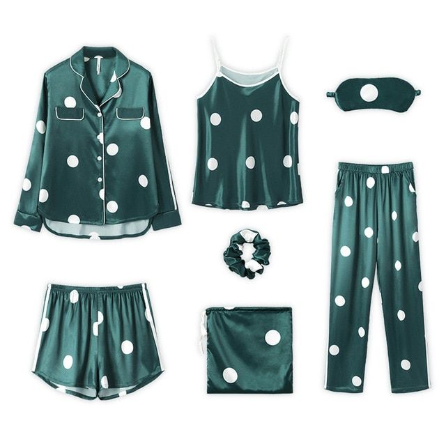 Autumn Spring 7 Pieces Set Silk Elegant Women Pajamas