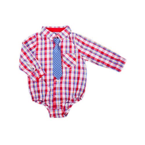 Gcutee Baby Boy Plaid Shirt Pin Down And Long Tie- 2pc Outfit Set- Red And Blue