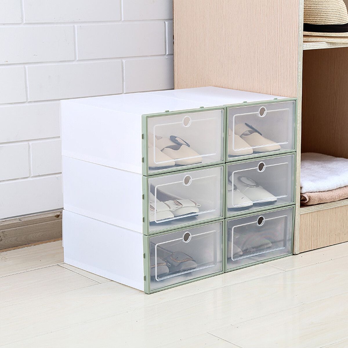 6pcs Foldable Shoe Box Storage Plastic Transparent Case Stackable Organize ^ White