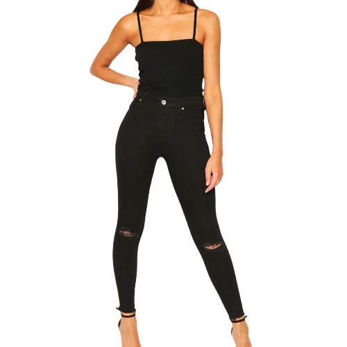 Women High Waisted Frayed Hem Distressed Skinny Jeans- Black