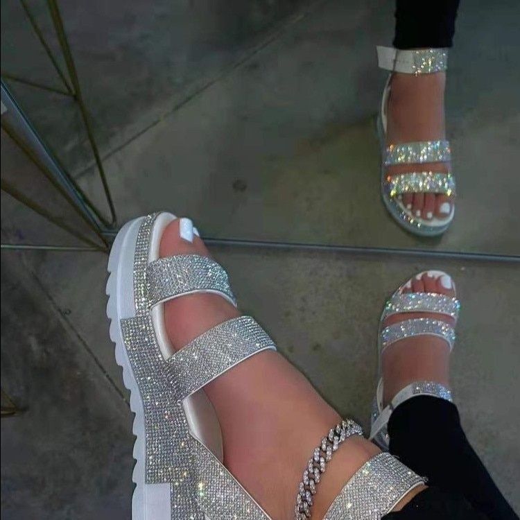 2022 Fashion Platform Woman Sandals Women Crystal Ladies Multicolor Flats Open Toe Sandalias Ankle Strap Female Shoes