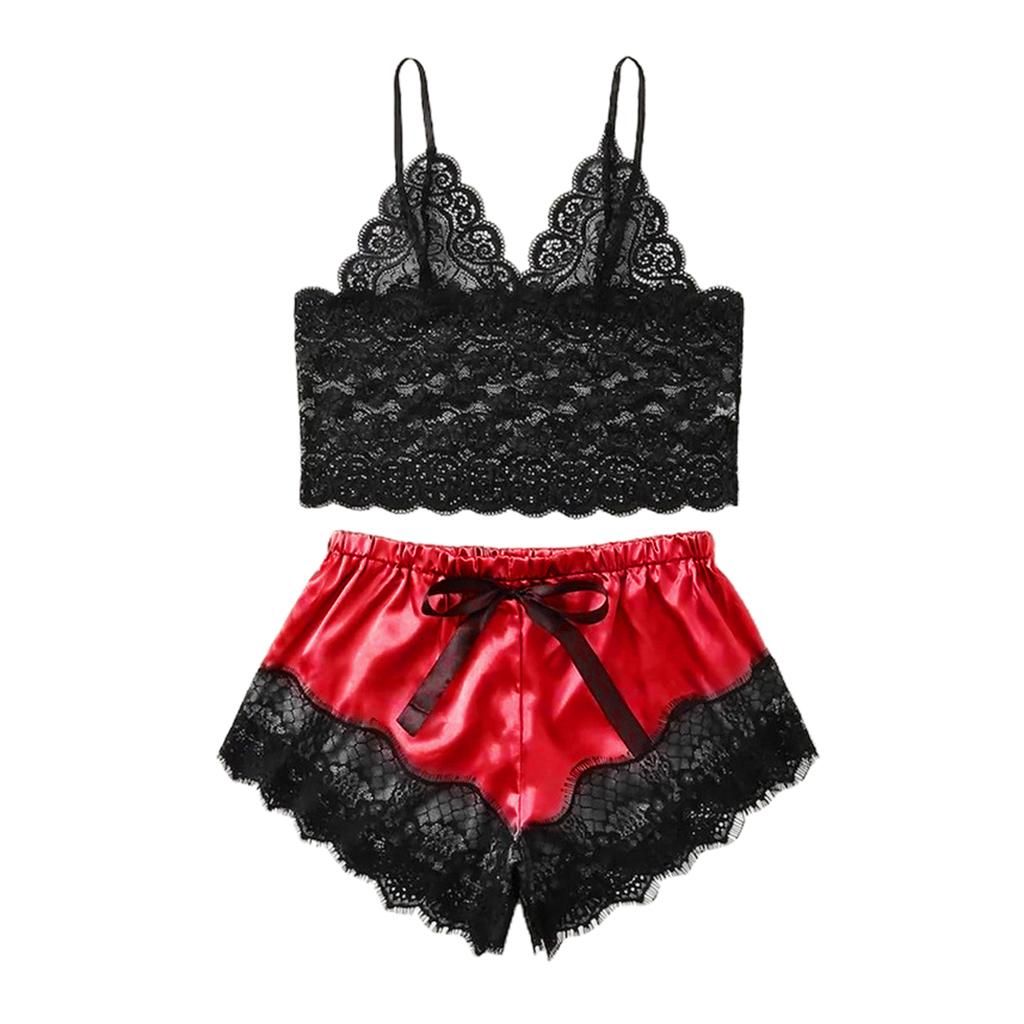 Female Silky Pajama Nightwear Lace Floral Top & Shorts