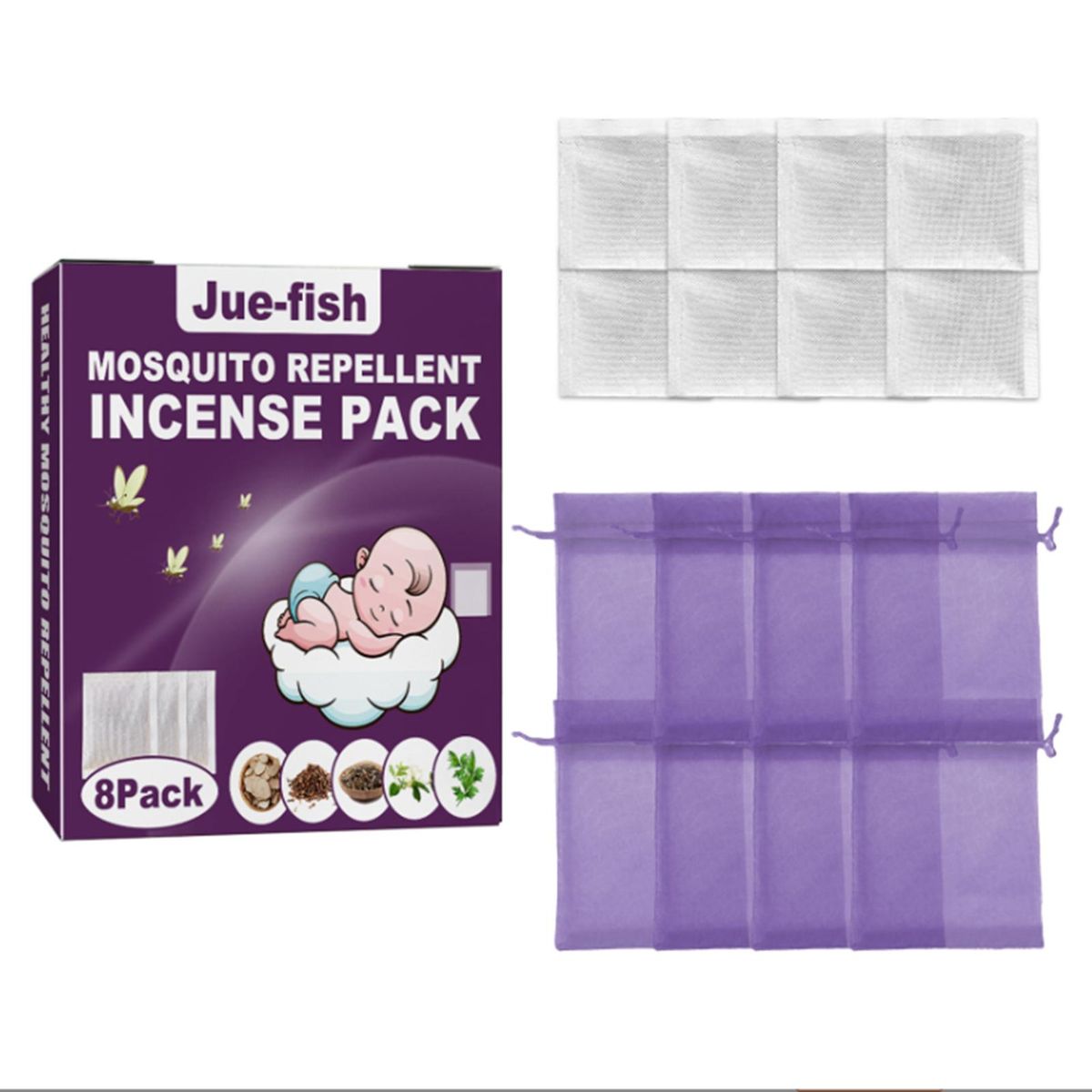 Jue-Fish 8 Pack Mosquito Repellent Incense Packs Botanical Formula Long-term Mosquito Prevention for Baby Family