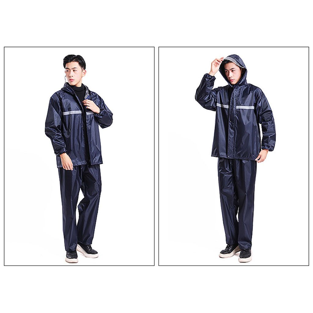 Adults Men Raincoat Hooded Suit Work With Reflective Stripe 2X XL Navy
