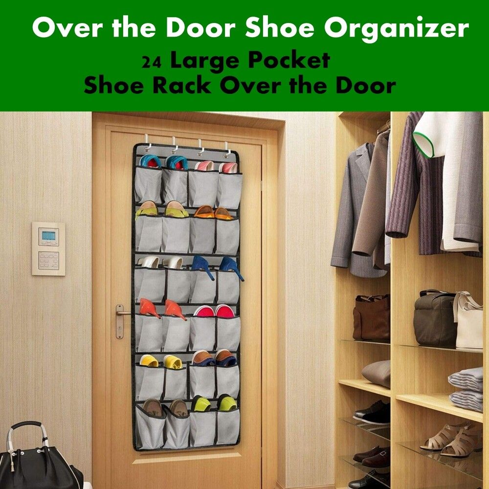 Door Shoe Organizer 24 Large Pocket Shoe Rack Over The Door Complete With 4 Strong Metal Over Door Hooks Home Storage Shoe Space Saver Shoe Storage 50x160cm Grey