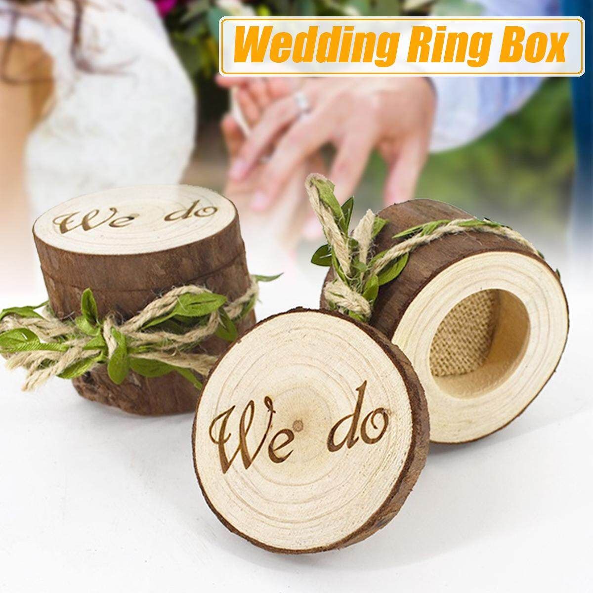 WE DO Wedding/Valentines Wood Ring Bearer Box Holder Round Vintage Rustic Gift