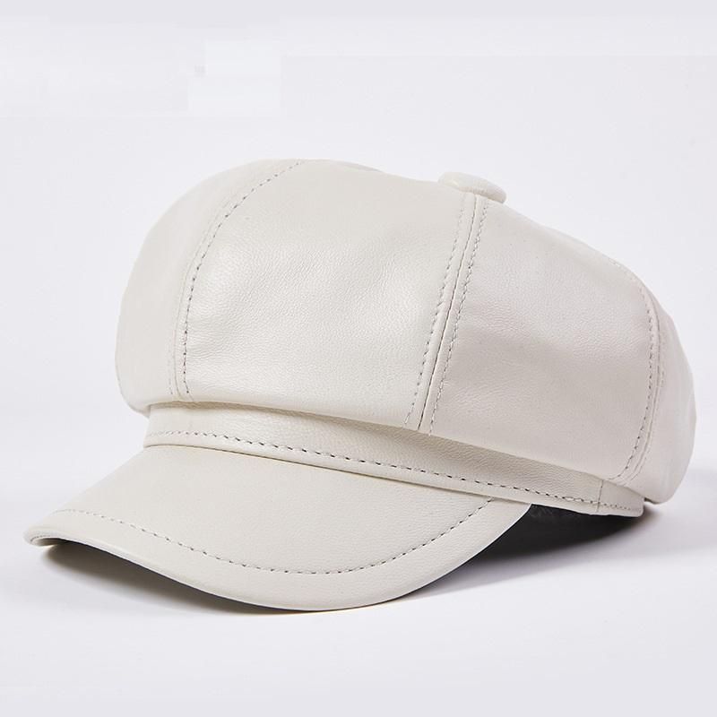 Women  Leather Vintage Hat Women Sheepskin sboy Cap Baker Boy Cap High Quality Brand Ladies Winter Octagonal Cap
