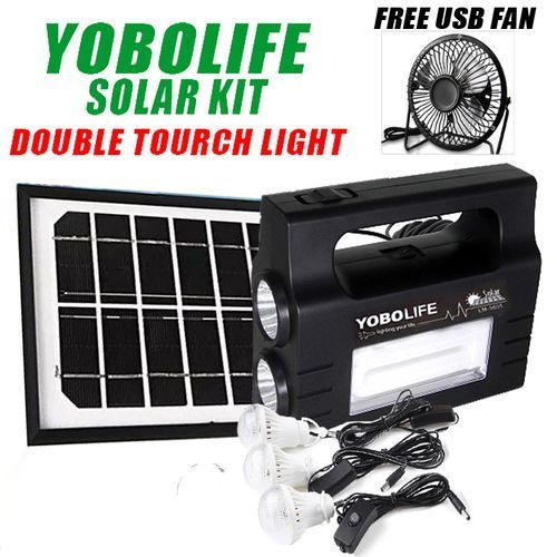 Portable Solar Energy Kit With Double Tourch Light, 3 Super Bright Bulbs & Free Usb Fan