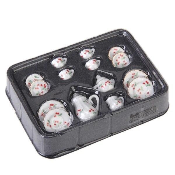 15pcs Dollhouse Miniature Dining Ware Porcelain Tea Set Dish Cup Red Cherry