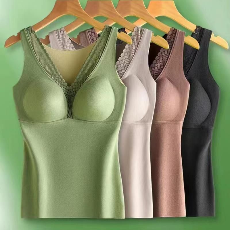 Autumn And Winter Models Of Cashmere Silk With Chest Pad Thermal Underwear Women's Lace V-neck Velvet Thickened Undershirt