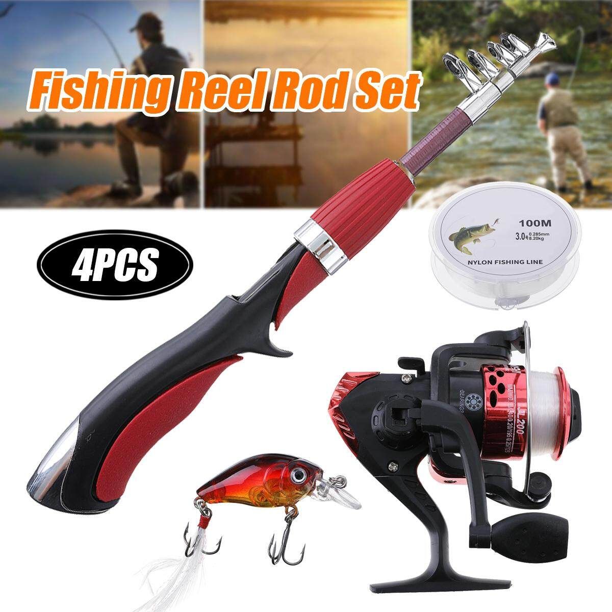 [ Reel+ Rod+ Line+ ] 4pcs Spinning Reel Rod Gear Pole Set Kit 100M Line Hook Jig Head