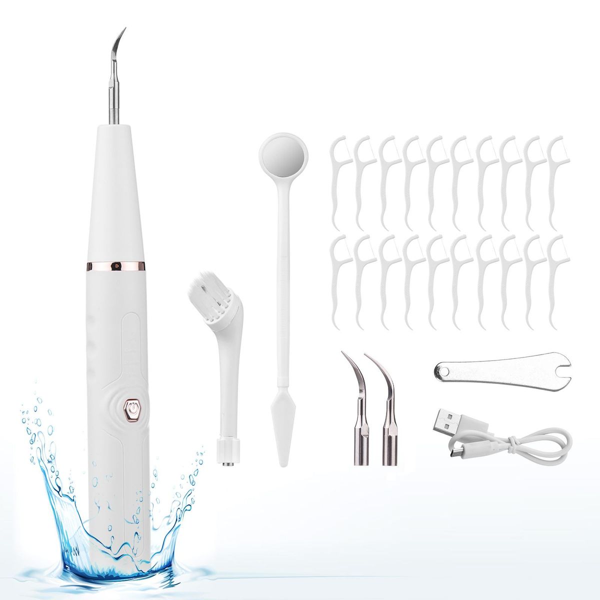 Electric Dental Calculus Remover Tooth Cleaner Tartar Remover USB Charging Teeth Cleaning Kit with Tongue Scraper Oral Mirror White