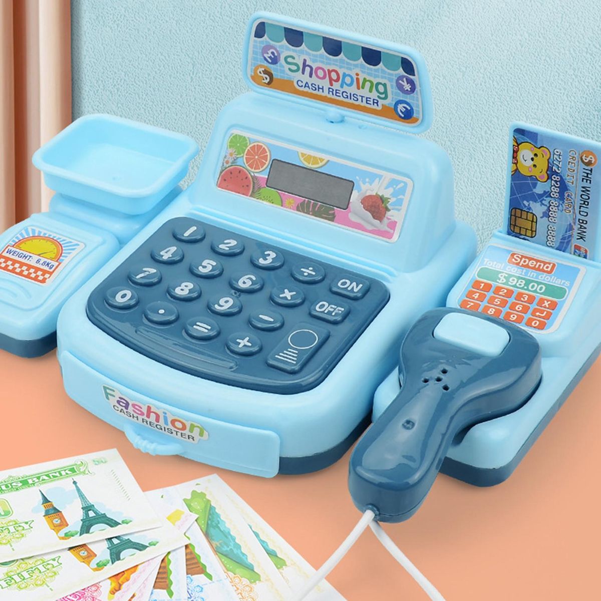 1 Set Mini Cashier Toy Fun Supermarket Shop Cash Register Role Play Toy Blue
