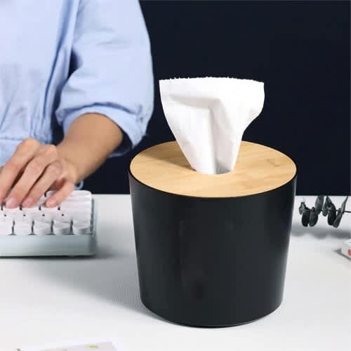 Wooden Cover Round Tissuetv Box - Black