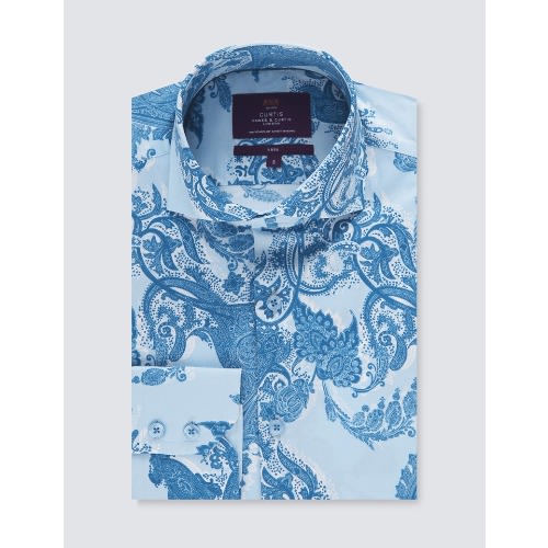 Men's Light Blue & Dark Blue Paisley Stretch Slim Fit Shirt - High Collar