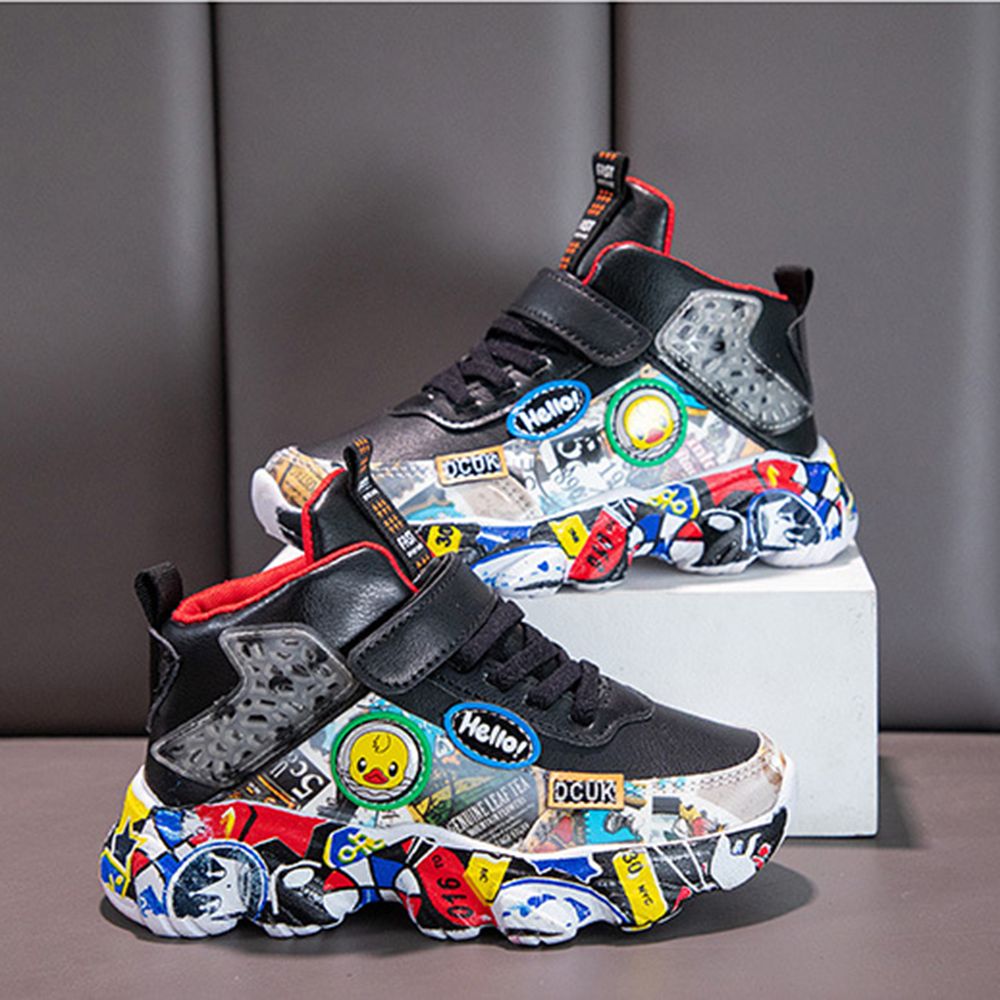 Children's Sports Leather Shoes Boys And Girls Flat Running Shoes Sneaker Black