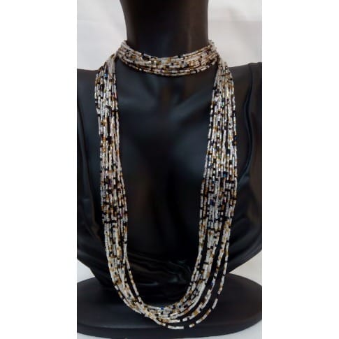 Multicoloured Glass Bead Necklace - 12 Strands - 91cm Long - White