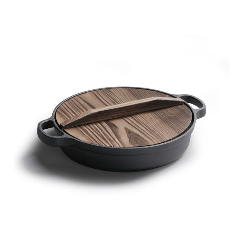 25cm Cast Iron Frying Pan With Wooden Cover Pancake Pan