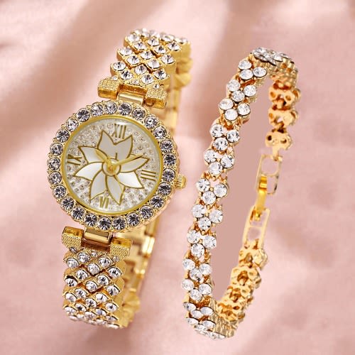 2 In 1 Women's Rhinestone Wrist Watch With Bracelet-gold