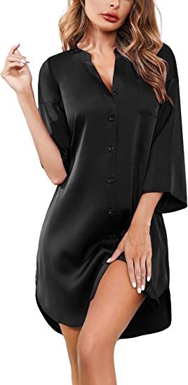 Women's Satin Button Down Casual Gown 3/4 Sleeve Shirt V Neck Boyfriend Collar Silk Wear Black