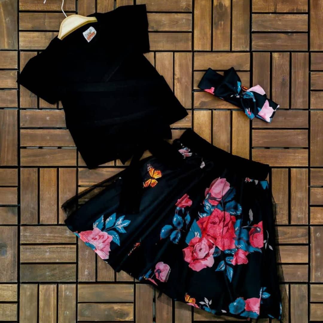 Turkey Girls Floral Top And Skirt-MULTICOLOUR-BLACK