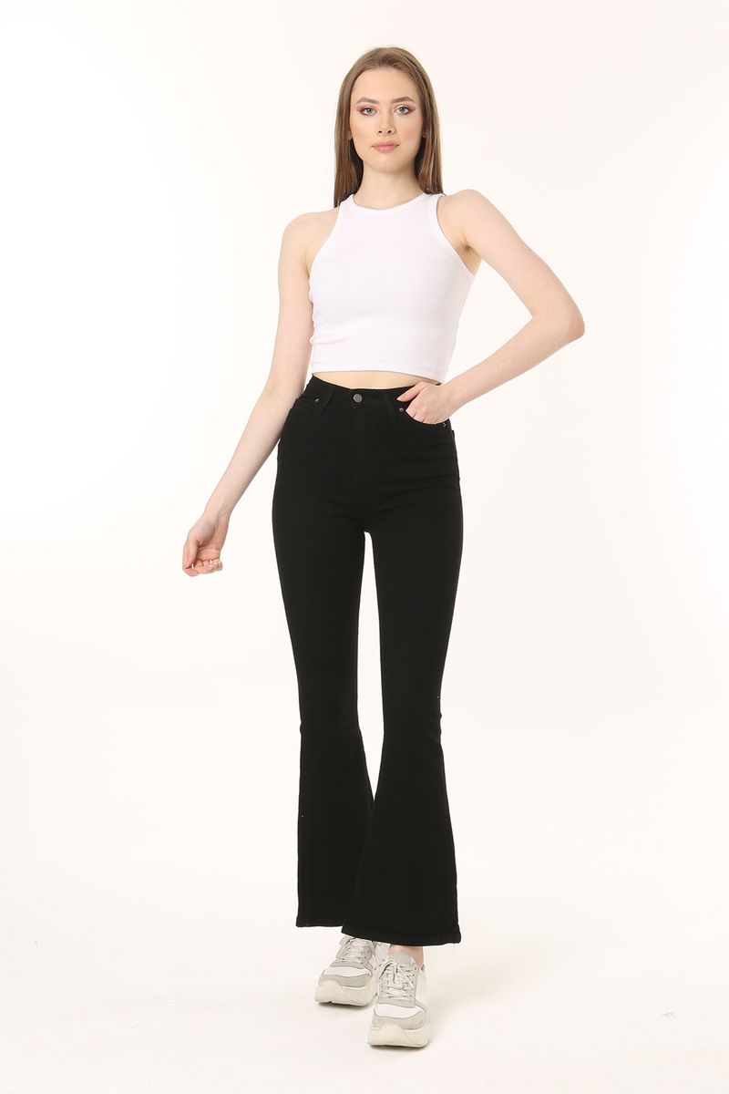 Women Black High Waist Stretch Flare Jean Trousers