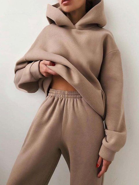 Women Tracksuit Hoodies Casual Solid Long Sleeve Fleece Warm Hooded Sportswear Suit Hoody Pullovers Long Pant Two Pieces Sets(#khaki)