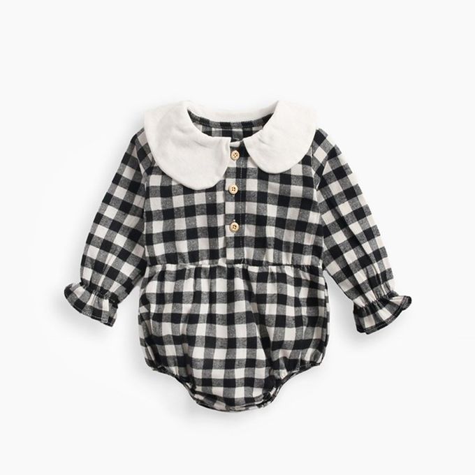 Autumn And Winter Baby Long Sleeves Triangle Onesies Plaid Baby Jumpsuit-Bla K & White-12-18月