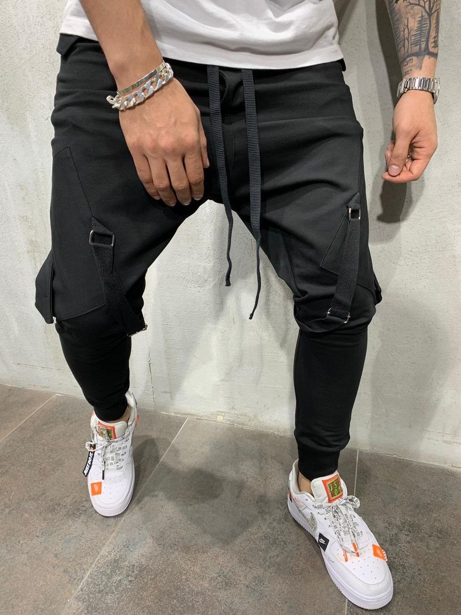 Men's tracksuit pants with tether hip hop big pocket and leg straps casual tracksuit pants long pants