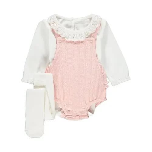 Soft Knitted Frill Romper And Bodysuit 3 Piece Outfit 3-6- Pink